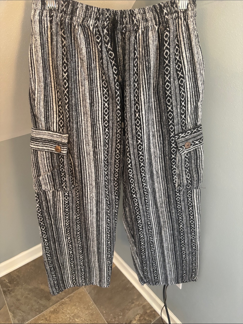 Kathmandu Imports, Nepal Boho pants, Black & White Striped Boho Cargo Pants, S/M
